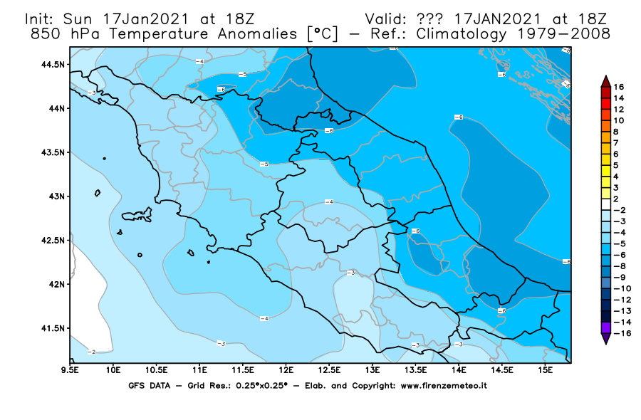 Mappa di analisi GFS - Anomalia Temperatura [°C] a 850 hPa in Centro-Italia
							del 17/01/2021 18 <!--googleoff: index-->UTC<!--googleon: index-->