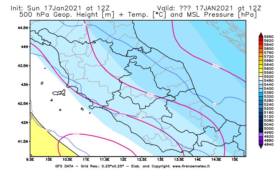 Mappa di analisi GFS - Geopotenziale [m] + Temp. [°C] a 500 hPa + Press. a livello del mare [hPa] in Centro-Italia
							del 17/01/2021 12 <!--googleoff: index-->UTC<!--googleon: index-->