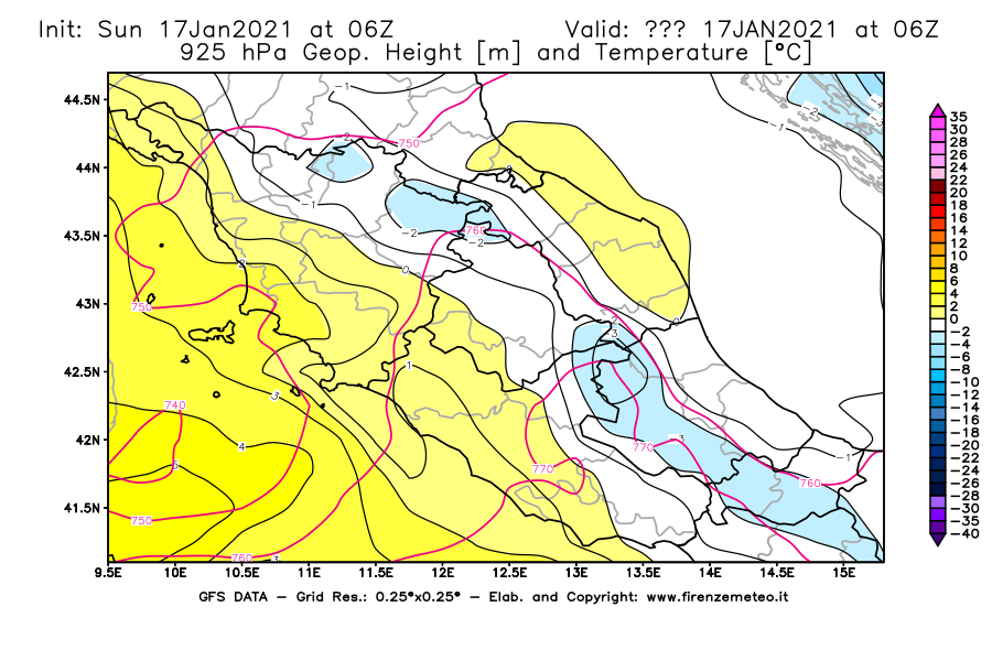 Mappa di analisi GFS - Geopotenziale [m] e Temperatura [°C] a 925 hPa in Centro-Italia
							del 17/01/2021 06 <!--googleoff: index-->UTC<!--googleon: index-->