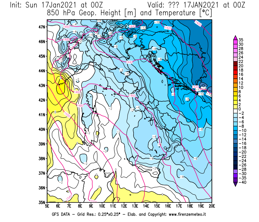 Mappa di analisi GFS - Geopotenziale [m] e Temperatura [°C] a 850 hPa in Italia
							del 17/01/2021 00 <!--googleoff: index-->UTC<!--googleon: index-->