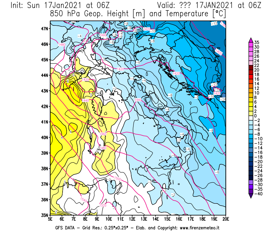 Mappa di analisi GFS - Geopotenziale [m] e Temperatura [°C] a 850 hPa in Italia
							del 17/01/2021 06 <!--googleoff: index-->UTC<!--googleon: index-->