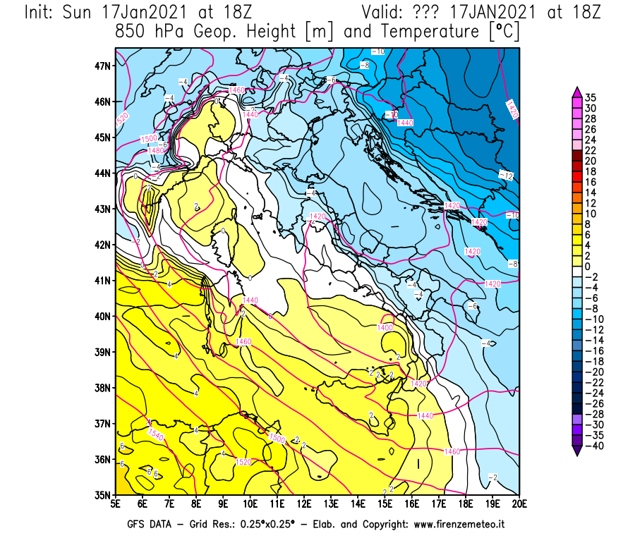 Mappa di analisi GFS - Geopotenziale [m] e Temperatura [°C] a 850 hPa in Italia
							del 17/01/2021 18 <!--googleoff: index-->UTC<!--googleon: index-->