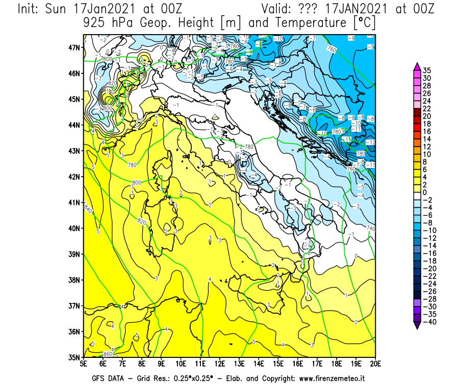 Mappa di analisi GFS - Geopotenziale [m] e Temperatura [°C] a 925 hPa in Italia
							del 17/01/2021 00 <!--googleoff: index-->UTC<!--googleon: index-->