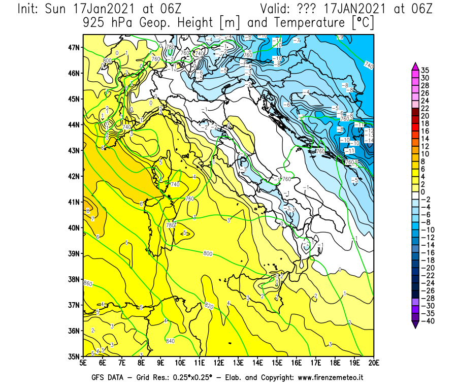 Mappa di analisi GFS - Geopotenziale [m] e Temperatura [°C] a 925 hPa in Italia
							del 17/01/2021 06 <!--googleoff: index-->UTC<!--googleon: index-->