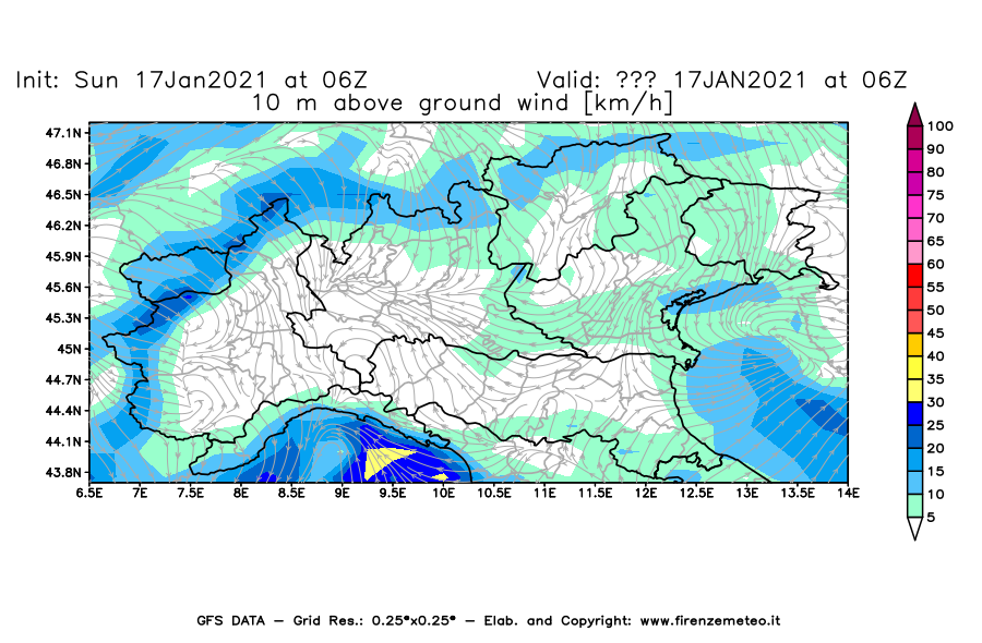 Mappa di analisi GFS - Velocità del vento a 10 metri dal suolo [km/h] in Nord-Italia
							del 17/01/2021 06 <!--googleoff: index-->UTC<!--googleon: index-->