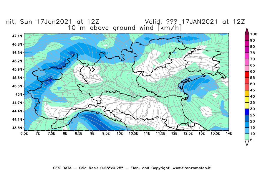 Mappa di analisi GFS - Velocità del vento a 10 metri dal suolo [km/h] in Nord-Italia
							del 17/01/2021 12 <!--googleoff: index-->UTC<!--googleon: index-->