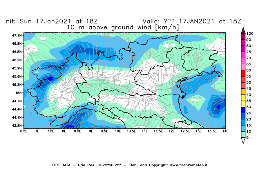 Mappa di analisi GFS - Velocità del vento a 10 metri dal suolo [km/h] in Nord-Italia
							del 17/01/2021 18 <!--googleoff: index-->UTC<!--googleon: index-->