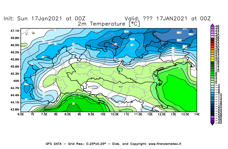 Mappa di analisi GFS - Temperatura a 2 metri dal suolo [°C] in Nord-Italia
							del 17/01/2021 00 <!--googleoff: index-->UTC<!--googleon: index-->