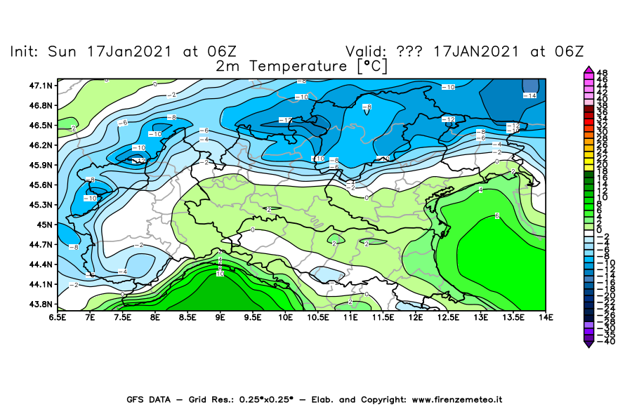 Mappa di analisi GFS - Temperatura a 2 metri dal suolo [°C] in Nord-Italia
							del 17/01/2021 06 <!--googleoff: index-->UTC<!--googleon: index-->