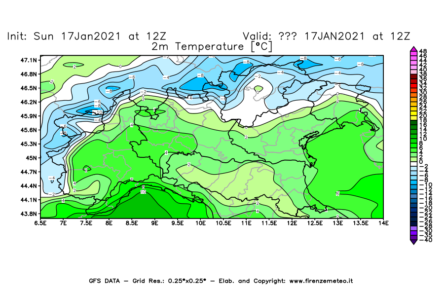 Mappa di analisi GFS - Temperatura a 2 metri dal suolo [°C] in Nord-Italia
							del 17/01/2021 12 <!--googleoff: index-->UTC<!--googleon: index-->