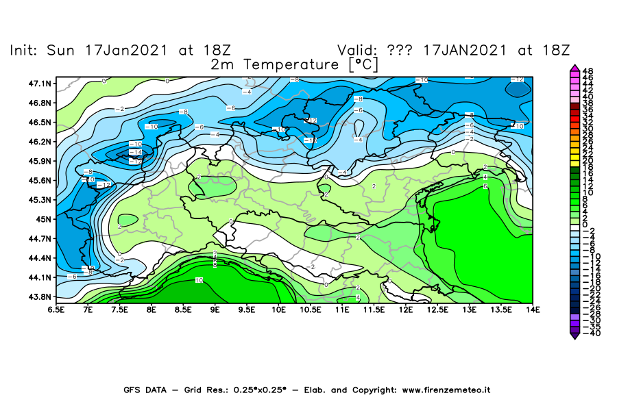 Mappa di analisi GFS - Temperatura a 2 metri dal suolo [°C] in Nord-Italia
							del 17/01/2021 18 <!--googleoff: index-->UTC<!--googleon: index-->