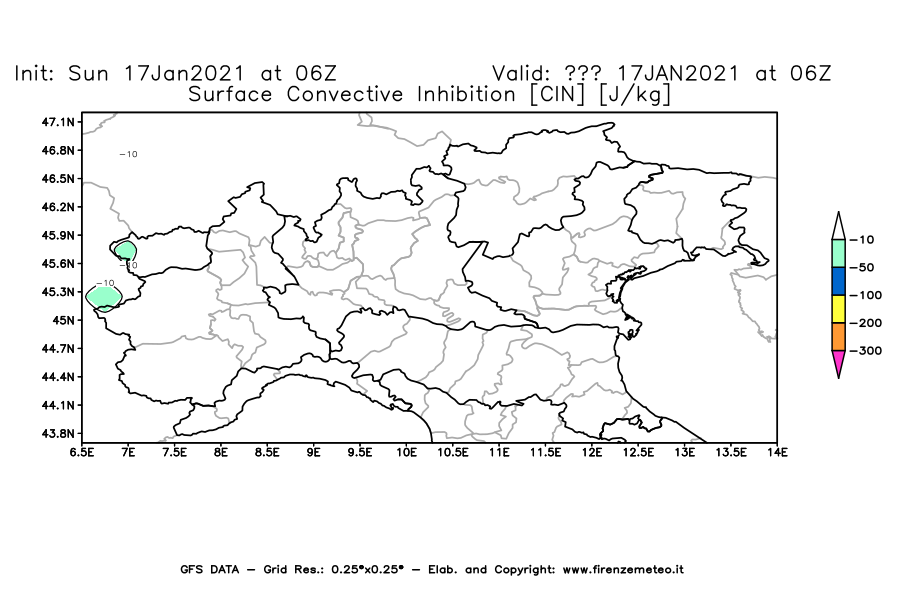 Mappa di analisi GFS - CIN [J/kg] in Nord-Italia
							del 17/01/2021 06 <!--googleoff: index-->UTC<!--googleon: index-->