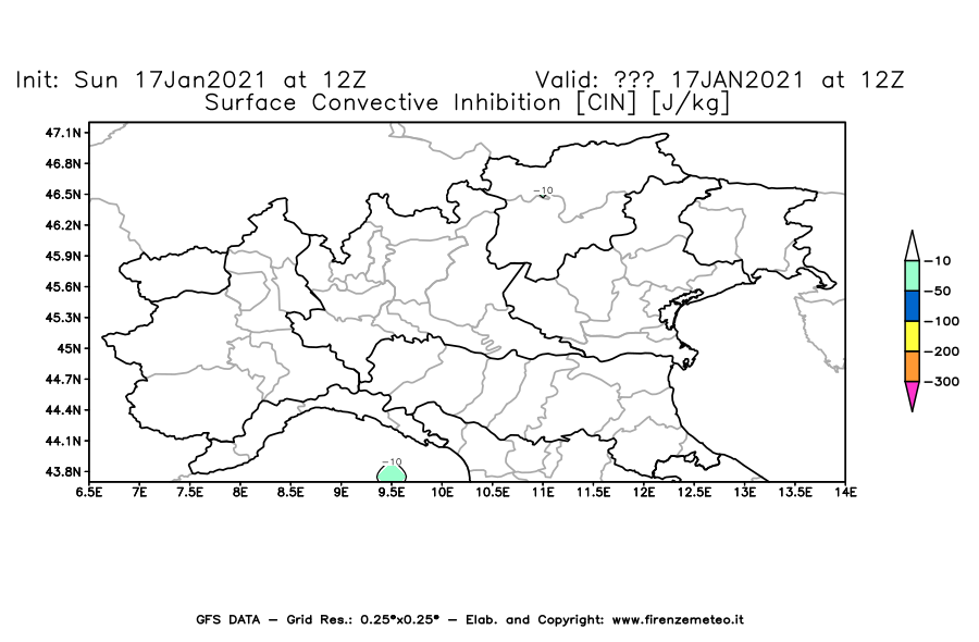 Mappa di analisi GFS - CIN [J/kg] in Nord-Italia
							del 17/01/2021 12 <!--googleoff: index-->UTC<!--googleon: index-->