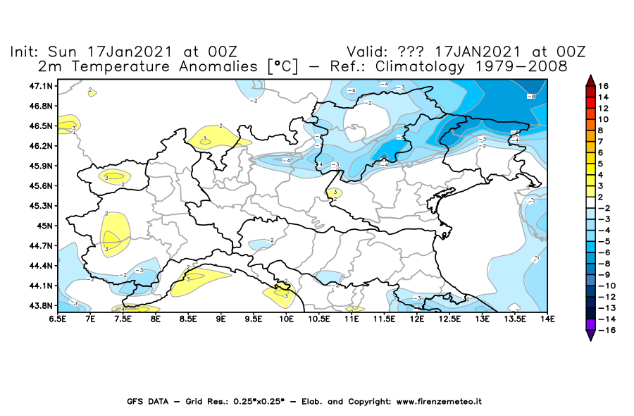 Mappa di analisi GFS - Anomalia Temperatura [°C] a 2 m in Nord-Italia
							del 17/01/2021 00 <!--googleoff: index-->UTC<!--googleon: index-->