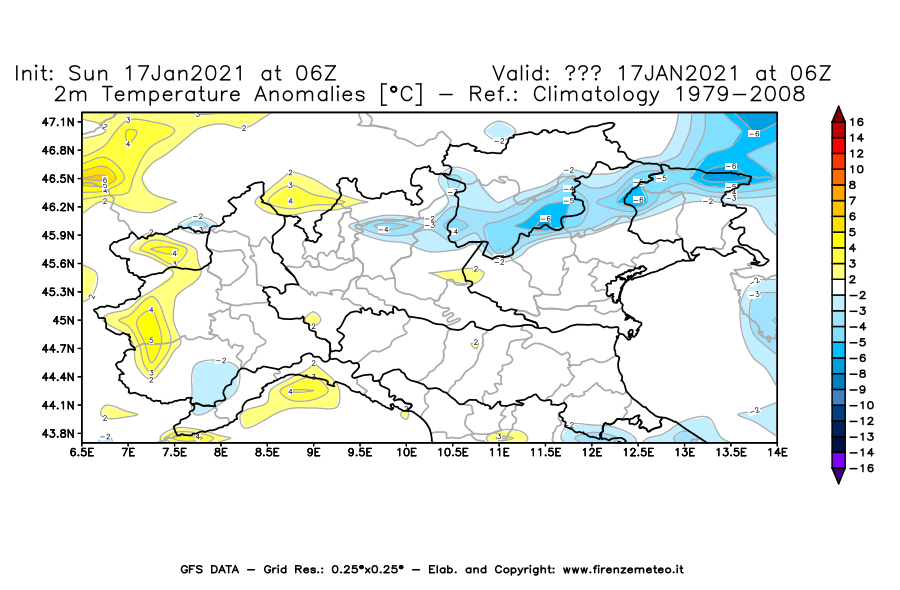Mappa di analisi GFS - Anomalia Temperatura [°C] a 2 m in Nord-Italia
							del 17/01/2021 06 <!--googleoff: index-->UTC<!--googleon: index-->