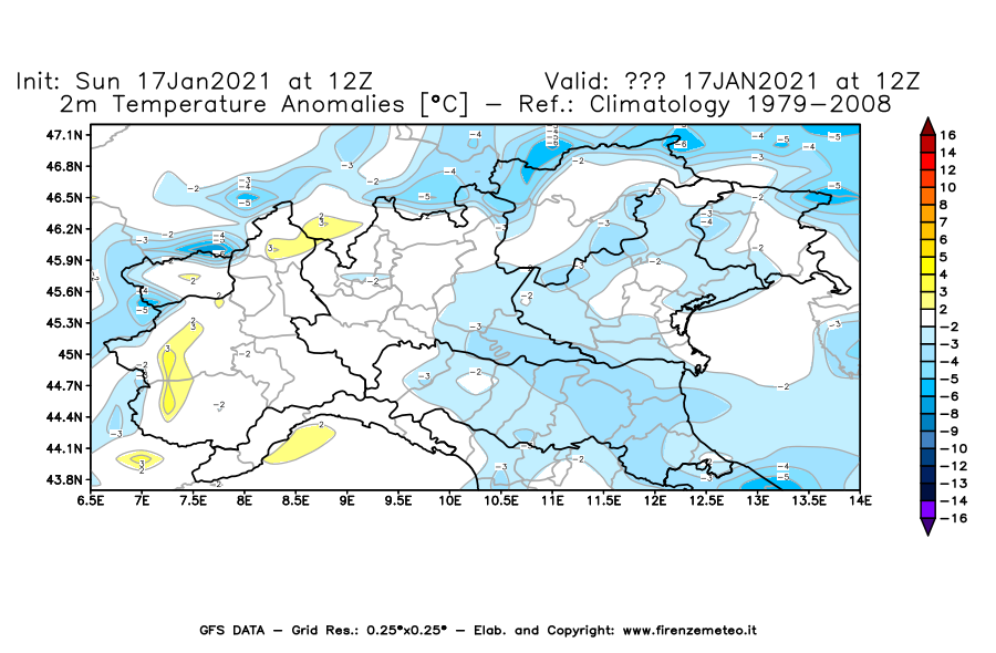 Mappa di analisi GFS - Anomalia Temperatura [°C] a 2 m in Nord-Italia
							del 17/01/2021 12 <!--googleoff: index-->UTC<!--googleon: index-->