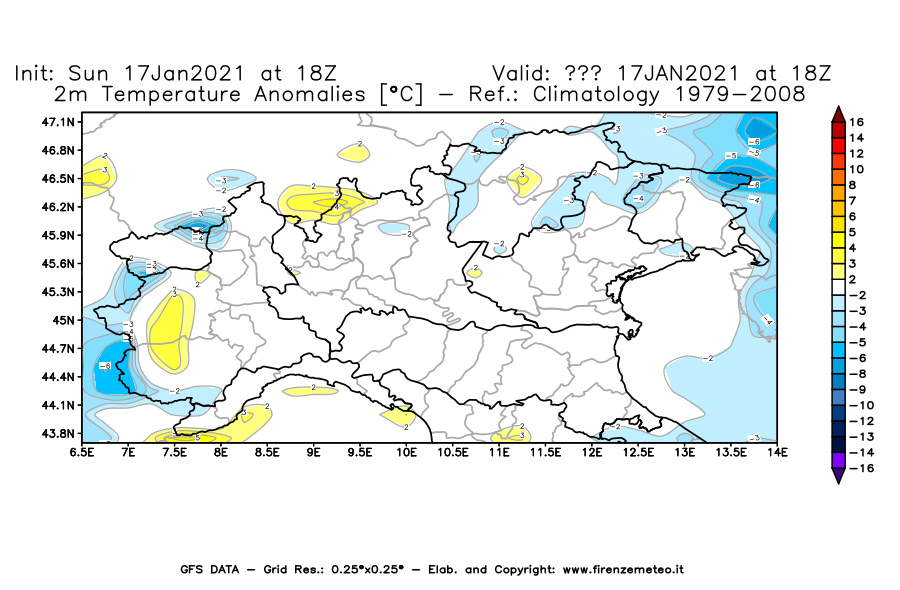 Mappa di analisi GFS - Anomalia Temperatura [°C] a 2 m in Nord-Italia
							del 17/01/2021 18 <!--googleoff: index-->UTC<!--googleon: index-->