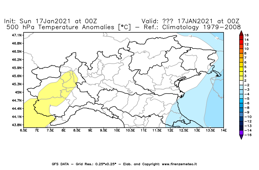 Mappa di analisi GFS - Anomalia Temperatura [°C] a 500 hPa in Nord-Italia
							del 17/01/2021 00 <!--googleoff: index-->UTC<!--googleon: index-->