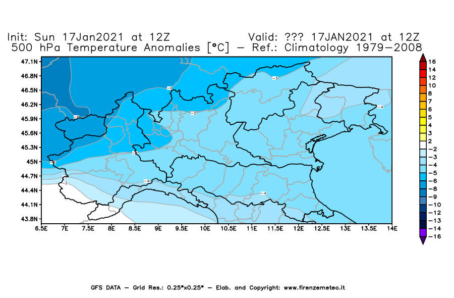 Mappa di analisi GFS - Anomalia Temperatura [°C] a 500 hPa in Nord-Italia
							del 17/01/2021 12 <!--googleoff: index-->UTC<!--googleon: index-->