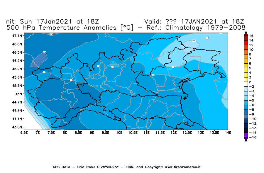 Mappa di analisi GFS - Anomalia Temperatura [°C] a 500 hPa in Nord-Italia
							del 17/01/2021 18 <!--googleoff: index-->UTC<!--googleon: index-->