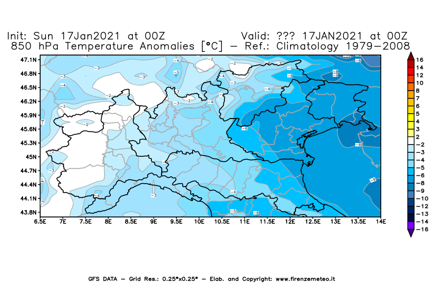 Mappa di analisi GFS - Anomalia Temperatura [°C] a 850 hPa in Nord-Italia
							del 17/01/2021 00 <!--googleoff: index-->UTC<!--googleon: index-->