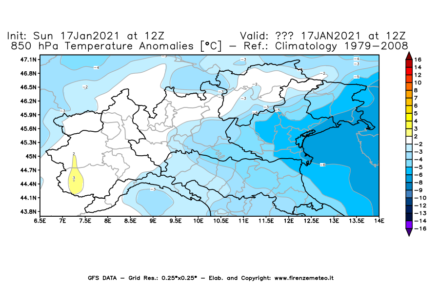 Mappa di analisi GFS - Anomalia Temperatura [°C] a 850 hPa in Nord-Italia
							del 17/01/2021 12 <!--googleoff: index-->UTC<!--googleon: index-->