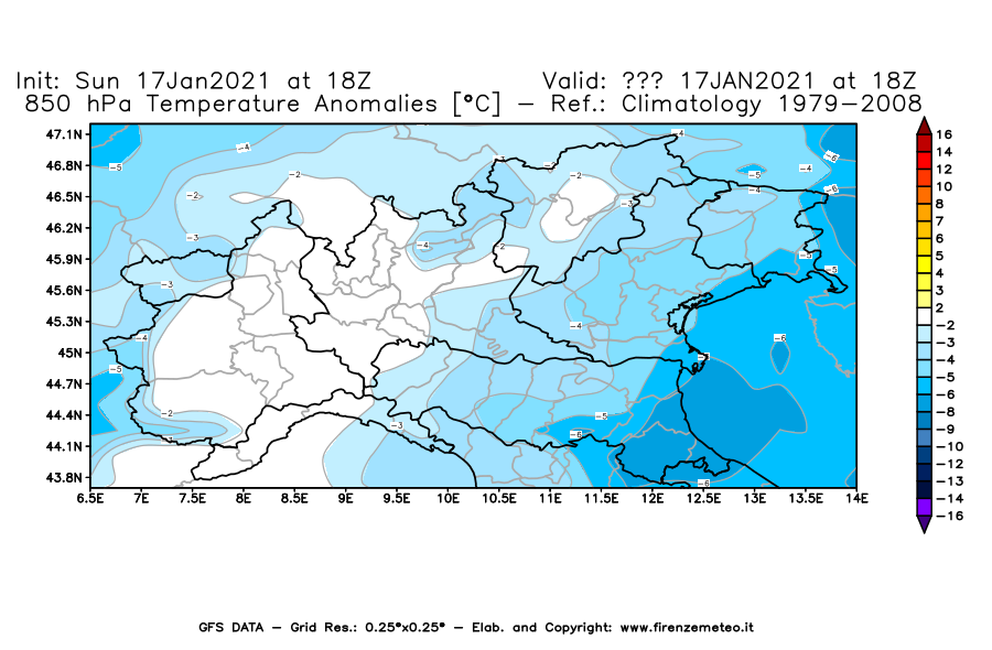 Mappa di analisi GFS - Anomalia Temperatura [°C] a 850 hPa in Nord-Italia
							del 17/01/2021 18 <!--googleoff: index-->UTC<!--googleon: index-->