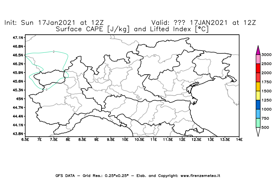 Mappa di analisi GFS - CAPE [J/kg] e Lifted Index [°C] in Nord-Italia
							del 17/01/2021 12 <!--googleoff: index-->UTC<!--googleon: index-->