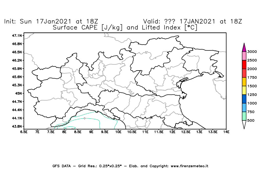Mappa di analisi GFS - CAPE [J/kg] e Lifted Index [°C] in Nord-Italia
							del 17/01/2021 18 <!--googleoff: index-->UTC<!--googleon: index-->