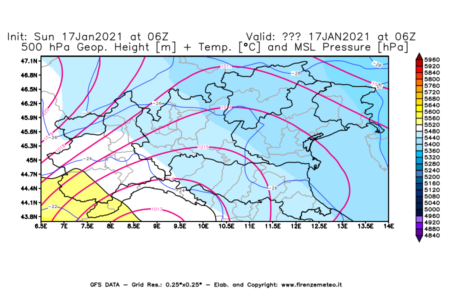 Mappa di analisi GFS - Geopotenziale [m] + Temp. [°C] a 500 hPa + Press. a livello del mare [hPa] in Nord-Italia
							del 17/01/2021 06 <!--googleoff: index-->UTC<!--googleon: index-->