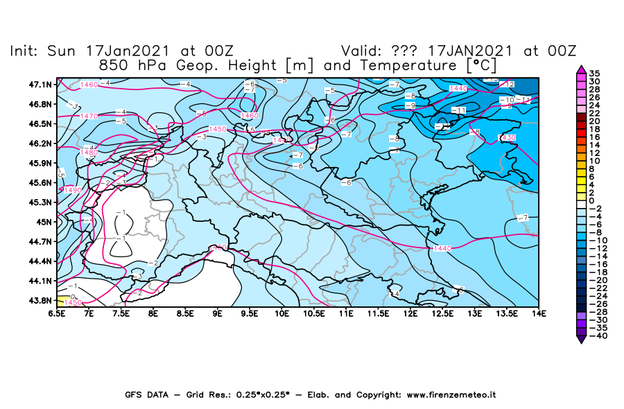 Mappa di analisi GFS - Geopotenziale [m] e Temperatura [°C] a 850 hPa in Nord-Italia
							del 17/01/2021 00 <!--googleoff: index-->UTC<!--googleon: index-->