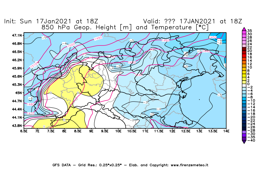 Mappa di analisi GFS - Geopotenziale [m] e Temperatura [°C] a 850 hPa in Nord-Italia
							del 17/01/2021 18 <!--googleoff: index-->UTC<!--googleon: index-->