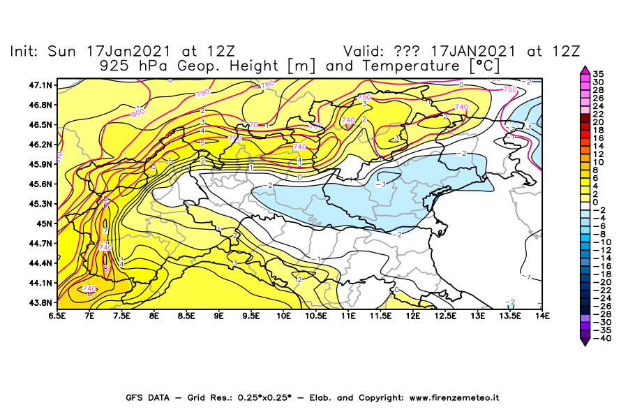 Mappa di analisi GFS - Geopotenziale [m] e Temperatura [°C] a 925 hPa in Nord-Italia
							del 17/01/2021 12 <!--googleoff: index-->UTC<!--googleon: index-->