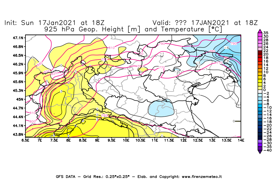 Mappa di analisi GFS - Geopotenziale [m] e Temperatura [°C] a 925 hPa in Nord-Italia
							del 17/01/2021 18 <!--googleoff: index-->UTC<!--googleon: index-->