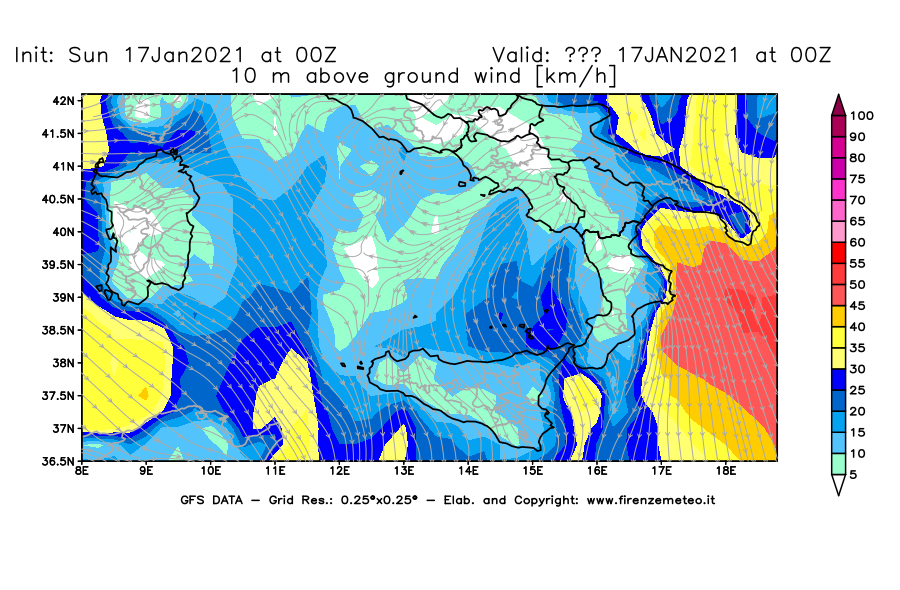 Mappa di analisi GFS - Velocità del vento a 10 metri dal suolo [km/h] in Sud-Italia
							del 17/01/2021 00 <!--googleoff: index-->UTC<!--googleon: index-->