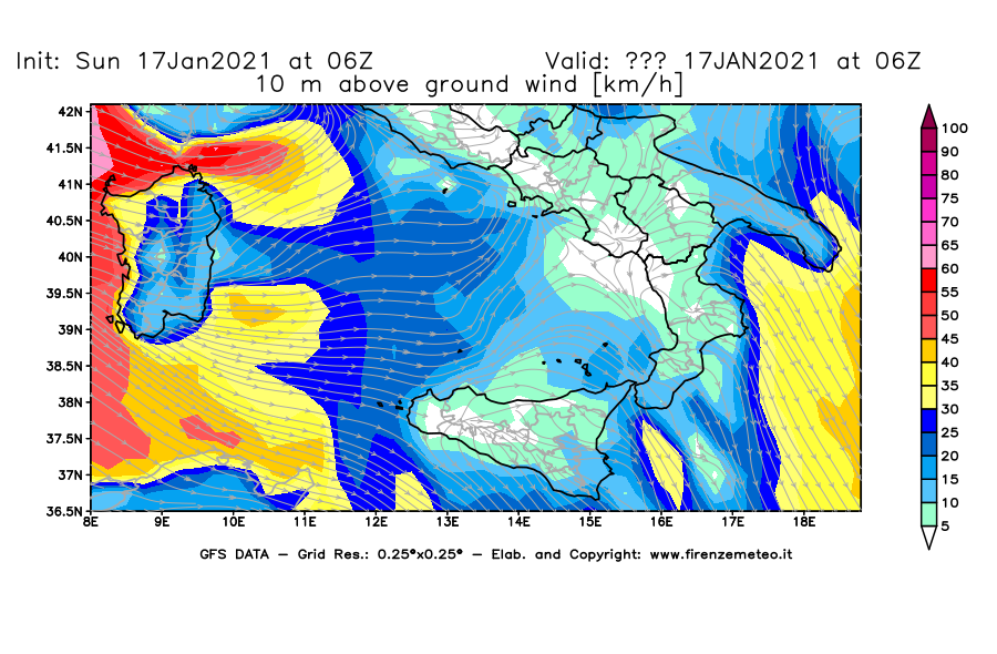 Mappa di analisi GFS - Velocità del vento a 10 metri dal suolo [km/h] in Sud-Italia
							del 17/01/2021 06 <!--googleoff: index-->UTC<!--googleon: index-->