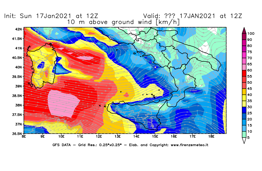 Mappa di analisi GFS - Velocità del vento a 10 metri dal suolo [km/h] in Sud-Italia
							del 17/01/2021 12 <!--googleoff: index-->UTC<!--googleon: index-->