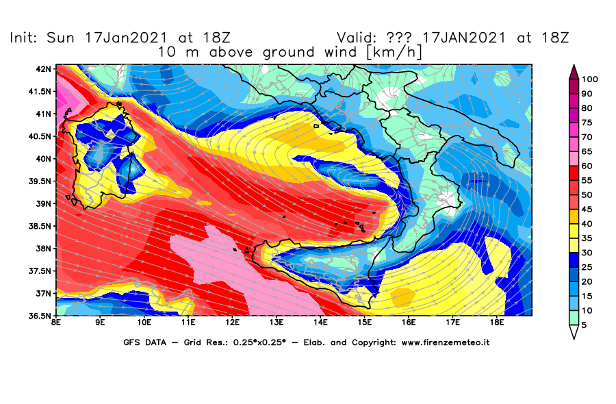 Mappa di analisi GFS - Velocità del vento a 10 metri dal suolo [km/h] in Sud-Italia
							del 17/01/2021 18 <!--googleoff: index-->UTC<!--googleon: index-->