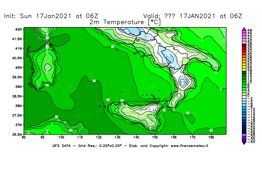Mappa di analisi GFS - Temperatura a 2 metri dal suolo [°C] in Sud-Italia
							del 17/01/2021 06 <!--googleoff: index-->UTC<!--googleon: index-->