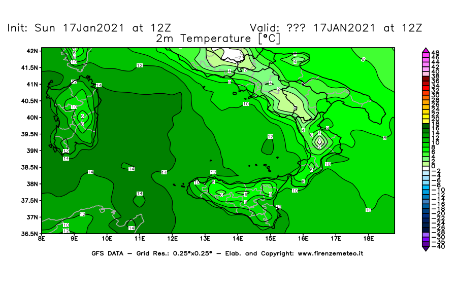Mappa di analisi GFS - Temperatura a 2 metri dal suolo [°C] in Sud-Italia
							del 17/01/2021 12 <!--googleoff: index-->UTC<!--googleon: index-->