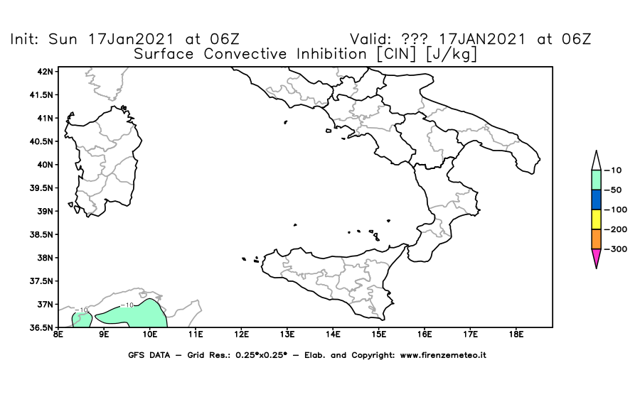 Mappa di analisi GFS - CIN [J/kg] in Sud-Italia
							del 17/01/2021 06 <!--googleoff: index-->UTC<!--googleon: index-->