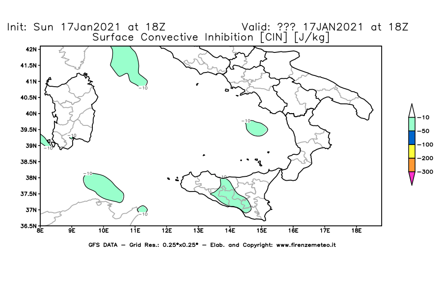 Mappa di analisi GFS - CIN [J/kg] in Sud-Italia
							del 17/01/2021 18 <!--googleoff: index-->UTC<!--googleon: index-->