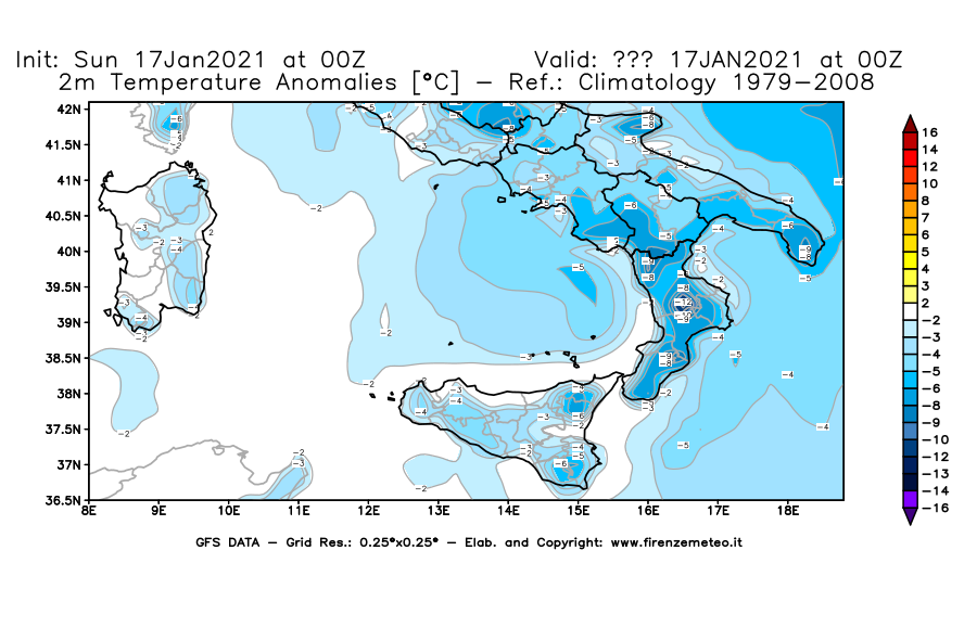 Mappa di analisi GFS - Anomalia Temperatura [°C] a 2 m in Sud-Italia
							del 17/01/2021 00 <!--googleoff: index-->UTC<!--googleon: index-->