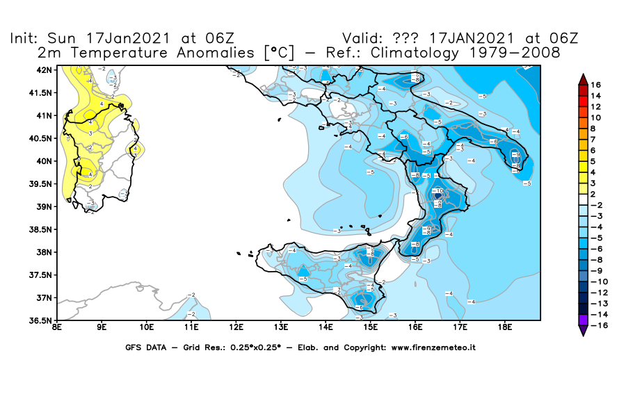 Mappa di analisi GFS - Anomalia Temperatura [°C] a 2 m in Sud-Italia
							del 17/01/2021 06 <!--googleoff: index-->UTC<!--googleon: index-->
