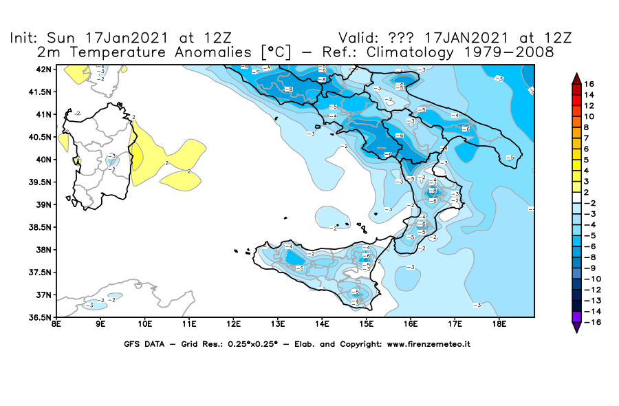 Mappa di analisi GFS - Anomalia Temperatura [°C] a 2 m in Sud-Italia
							del 17/01/2021 12 <!--googleoff: index-->UTC<!--googleon: index-->