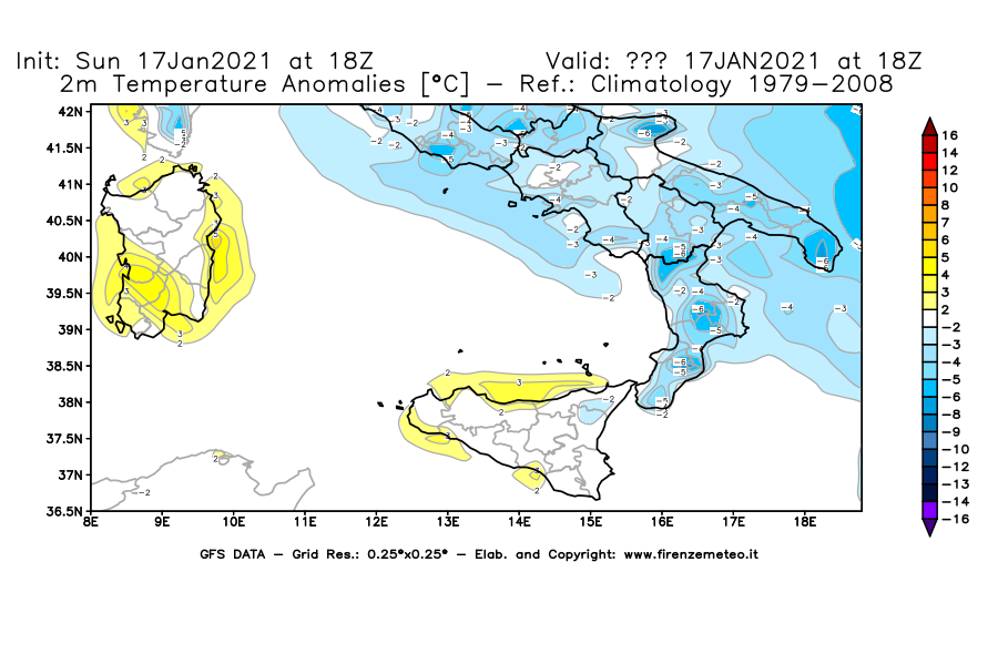 Mappa di analisi GFS - Anomalia Temperatura [°C] a 2 m in Sud-Italia
							del 17/01/2021 18 <!--googleoff: index-->UTC<!--googleon: index-->