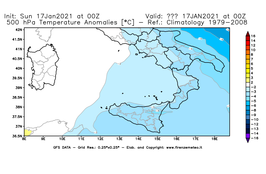 Mappa di analisi GFS - Anomalia Temperatura [°C] a 500 hPa in Sud-Italia
							del 17/01/2021 00 <!--googleoff: index-->UTC<!--googleon: index-->