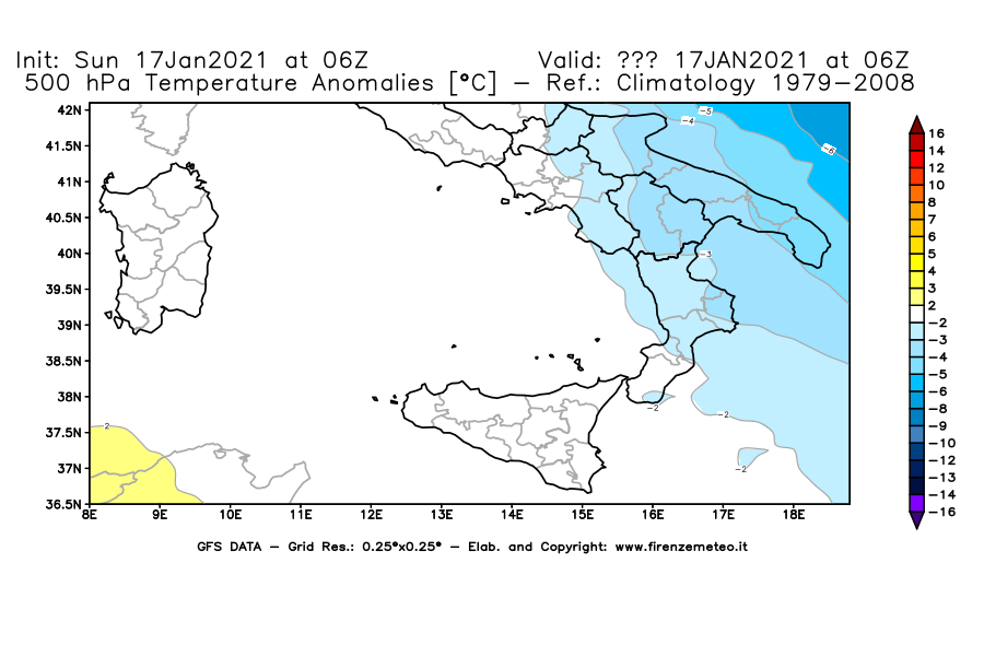 Mappa di analisi GFS - Anomalia Temperatura [°C] a 500 hPa in Sud-Italia
							del 17/01/2021 06 <!--googleoff: index-->UTC<!--googleon: index-->