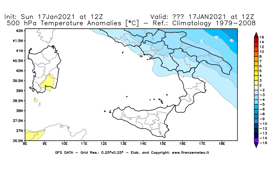 Mappa di analisi GFS - Anomalia Temperatura [°C] a 500 hPa in Sud-Italia
							del 17/01/2021 12 <!--googleoff: index-->UTC<!--googleon: index-->
