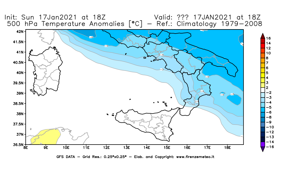 Mappa di analisi GFS - Anomalia Temperatura [°C] a 500 hPa in Sud-Italia
							del 17/01/2021 18 <!--googleoff: index-->UTC<!--googleon: index-->